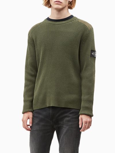 Calvin Klein Ruhák HU091214 | Calvin Klein Combed Cotton Sleeve Logo Férfi Pulóver MélyOlivazöld